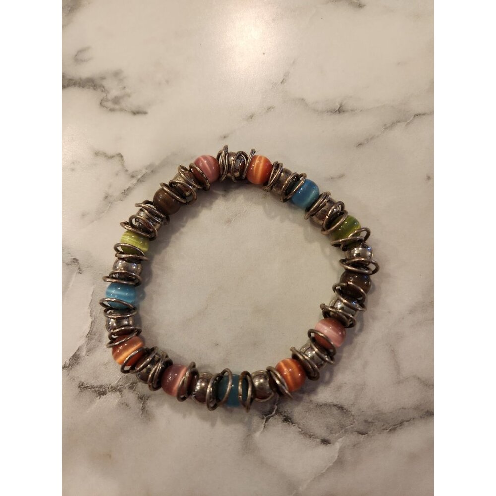 Colorful Beaded Stretch Bracelet With Ceramic Cat Eye & Metal Beads For Women